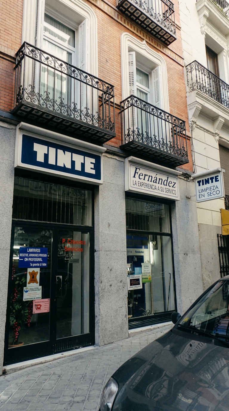 Fachada elegante de tintorería artesanal en Almagro, Madrid, con letras doradas y detalles de mármol