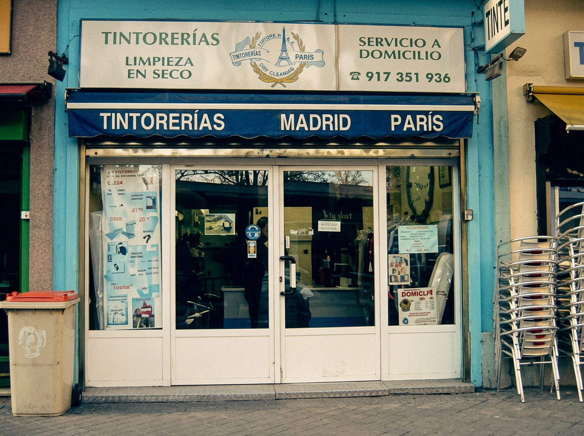 Tintorería artesanal en esquina de Cuatro Caminos, Madrid, con fachada azul marino y letras doradas